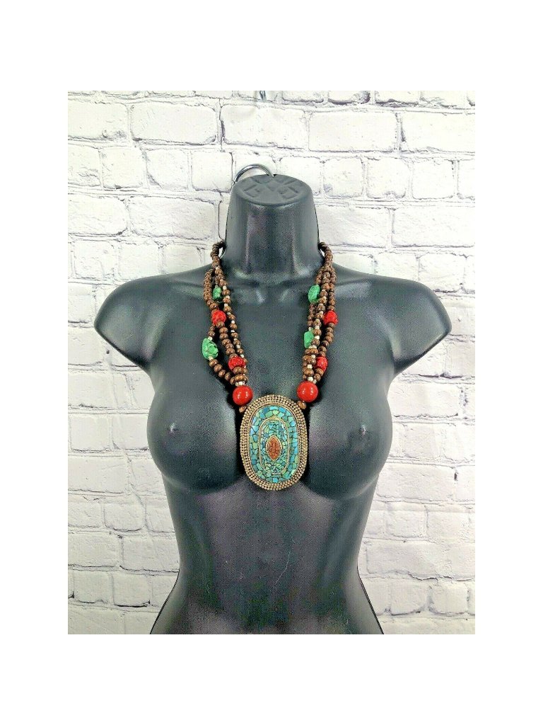 Vtg Large Mosaic Turquoise Pendant In Silver Beaded Nacklace Primitive Tribal